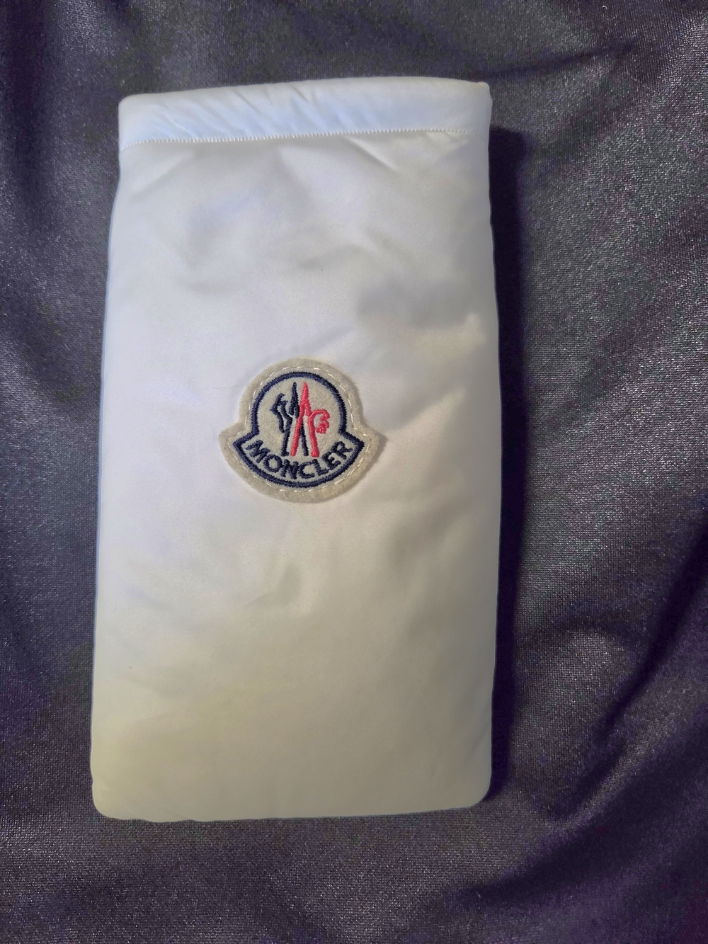 Moncler White Puffer Pouch with Tricolor Logo Patch